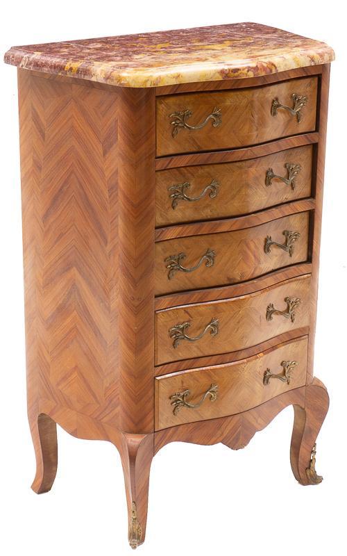 French Louis XV Marble Top Lingerie Chest: French Louis XV marble top lingerie chest, 5-drawers, metal hardware, brown marble, inlay 38.5"h x 13"w x 15"d State-wide delivery is available for this item. Please email shipping@vogtauction.com or 