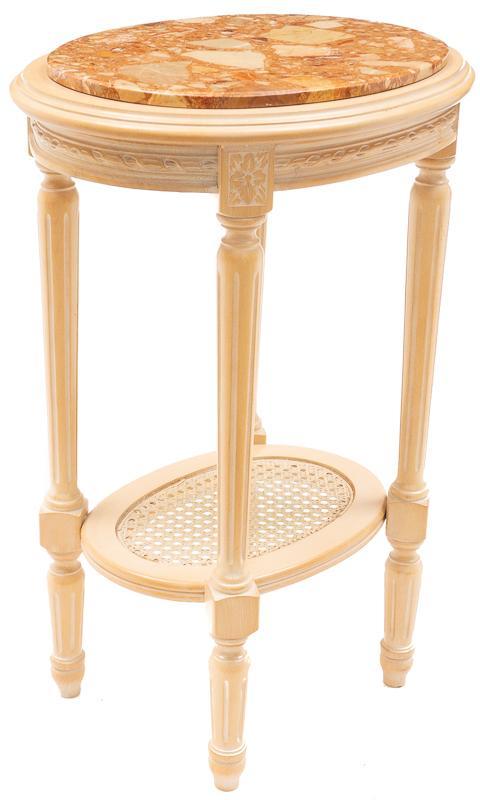 Louis XVI Marble Top Occasional Table: Louis XVI marble top occasional table, brown marble, turned legs, canework accents on bottom tier 25.5"h x 18"w x 14"d State-wide delivery is available for this item. Please email shipping@vogtauction