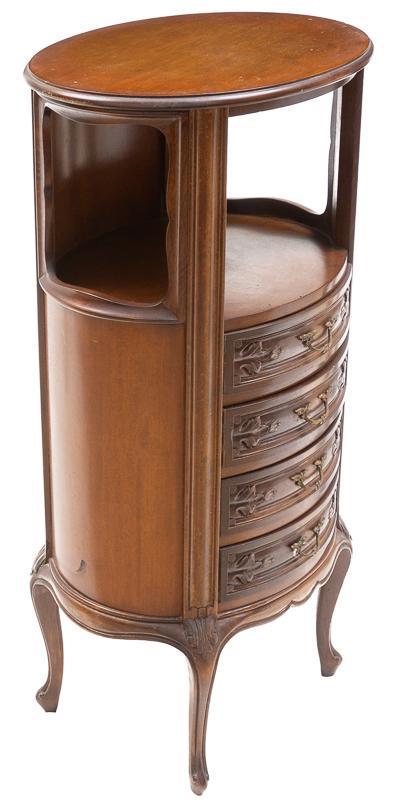 Victorian Drum-Style Lingerie Cabinet: Victorian drum-style lingerie cabinet, 4-drawers, cabriole legs, open shelf, metal hardware, carved 36"h x 17.5"w x 14.5"d State-wide delivery is available for this item. Please email shipping@vogtauc