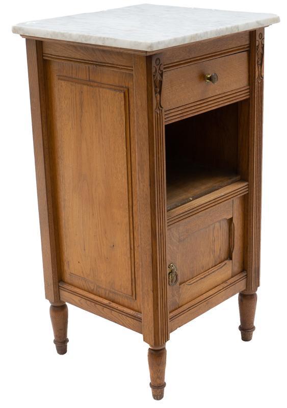 French Louis XV Marble Top Night Stand: French Louis XV marble top night stand, white marble, single-door, single-drawer, metal hardware 31.5"h x 16.5"w x 16"d State-wide delivery is available for this item. Please email shipping@vogtauctio