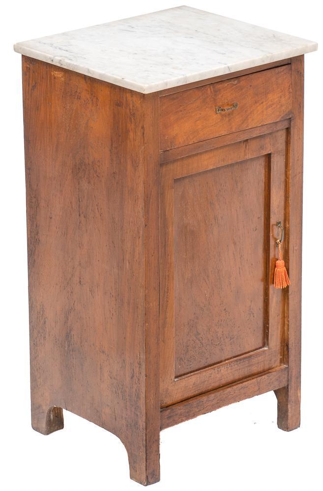Napoleon III Period Marble Top Nightstand: Napoleon III Period marble top night stand, walnut, circa 1870, white marble, single-drawer, single-door opens to shelved interior, includes key 31"h x 16.5"w x 15"d State-wide delivery is availa