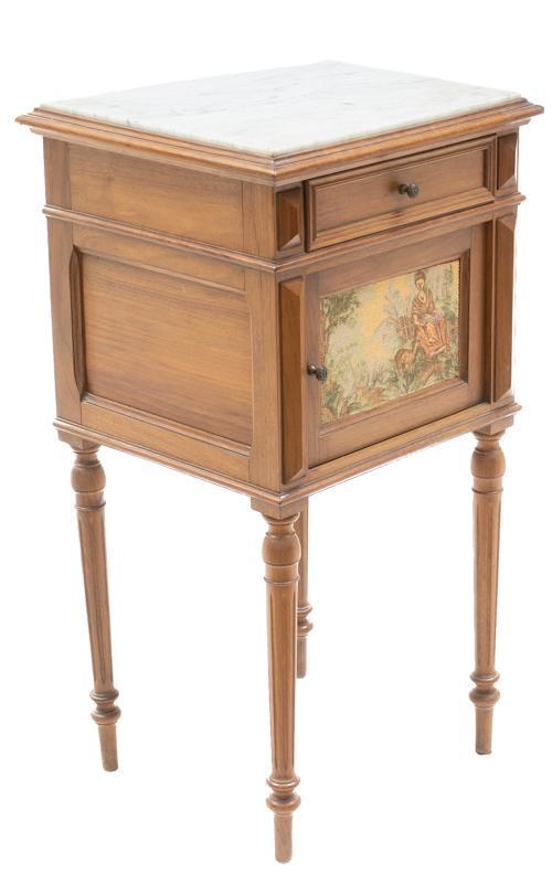 Louis XVI Tapestry Marble Top Night Stand: Louis XVI tapestry front marble top night stand, gray marble, single-door with tapestry, figural design, single-drawer, metal hardware 33"h x 17.5"w x 15.5"d State-wide delivery is available for this 