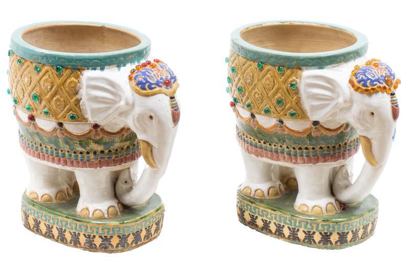 Pair of Ceramic Elephant Garden Planters: Pair of ceramic elephant garden planters, colorful 23"h x 14"w x 20"d/ each Provenance: A Dallas, TX collection