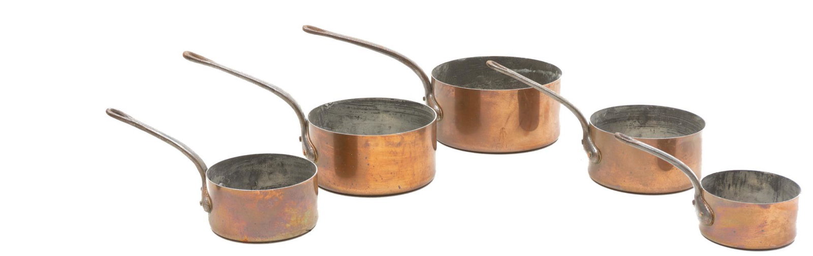 Set of 5 Farmhouse Copper Pots: Set of 5 vintage farmhouse stacking copper pots with cast iron handles 9"h x 14.5"w x 7.5"d/ largest In-house shipping and delivery is available on this item. Please email shipping@vogtauction.com or 