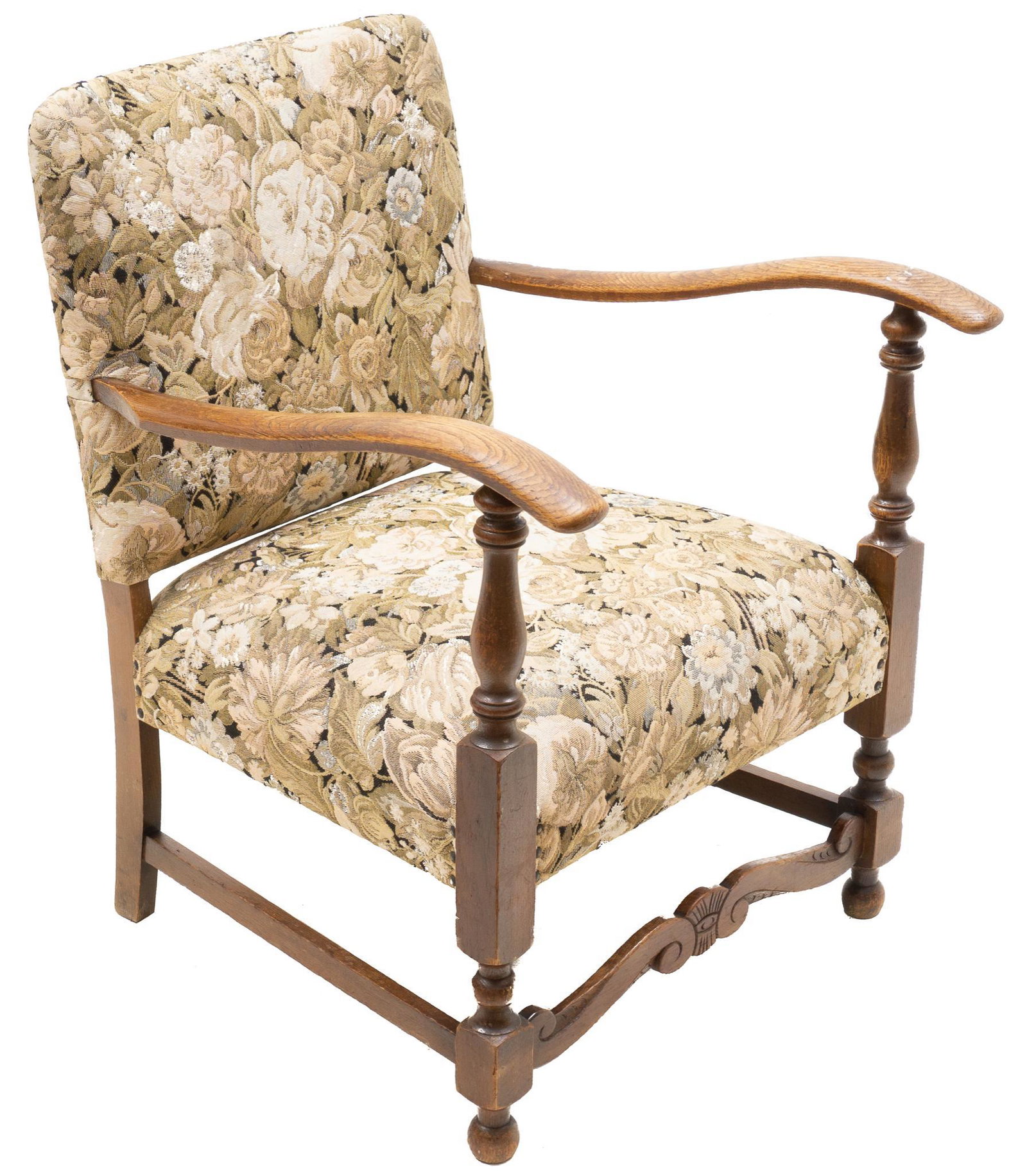 Vintage French Arm Chair: Vintage French arm chair with floral upholstery and scrolled wooden arms, raised on turned stretchered legs 13"h x 23"w x 17"d In-house shipping and delivery is available on this item. Please email sh