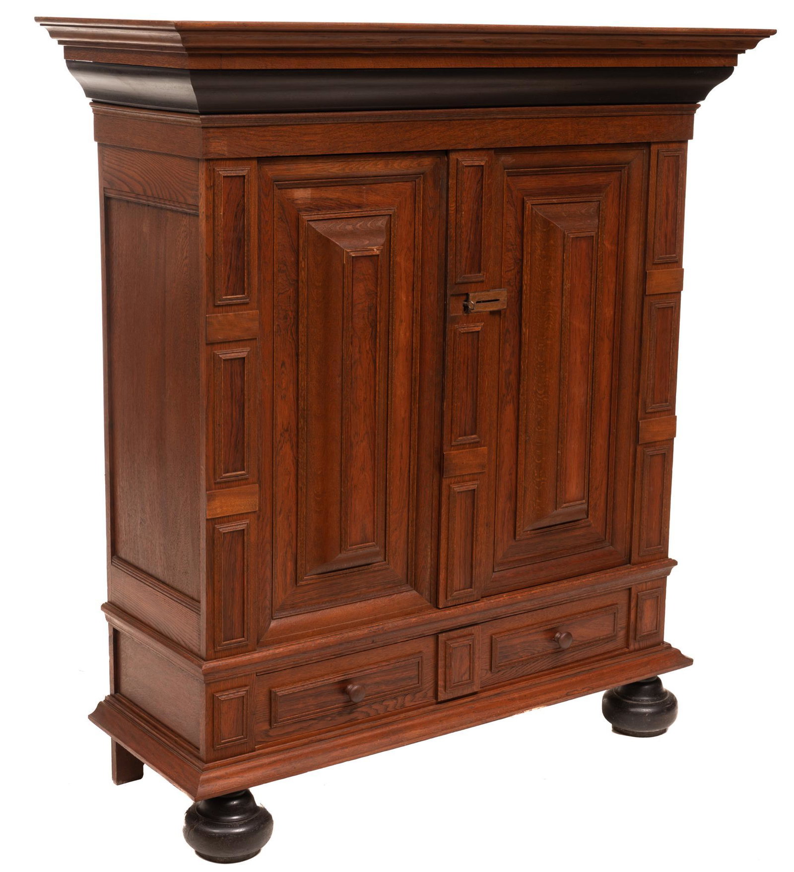 English Cabinet: English cabinet, 2-doors open with hidden key hole to shelved and sectioned interior, over single-drawer, rising on bun feet, includes key 73"h x 66.5"w x 25"d State wide delivery is available for thi
