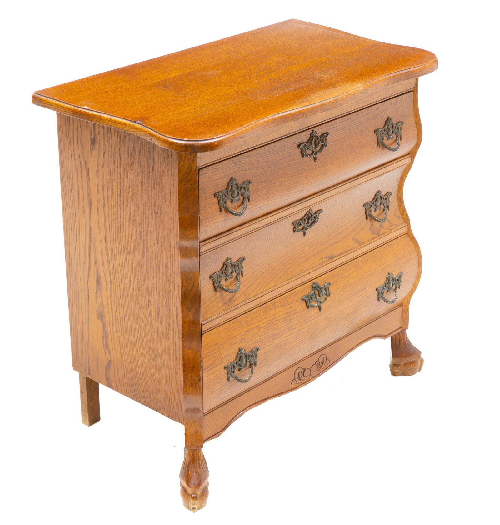 Claw and Ball Foot Chest: 3-drawer chest rising on claw and ball feet, metal hardware with carved accents 26"h x 25.5"w x 14.5"d In-house shipping and delivery is available on this item. Please email shipping@vogtauction.com o