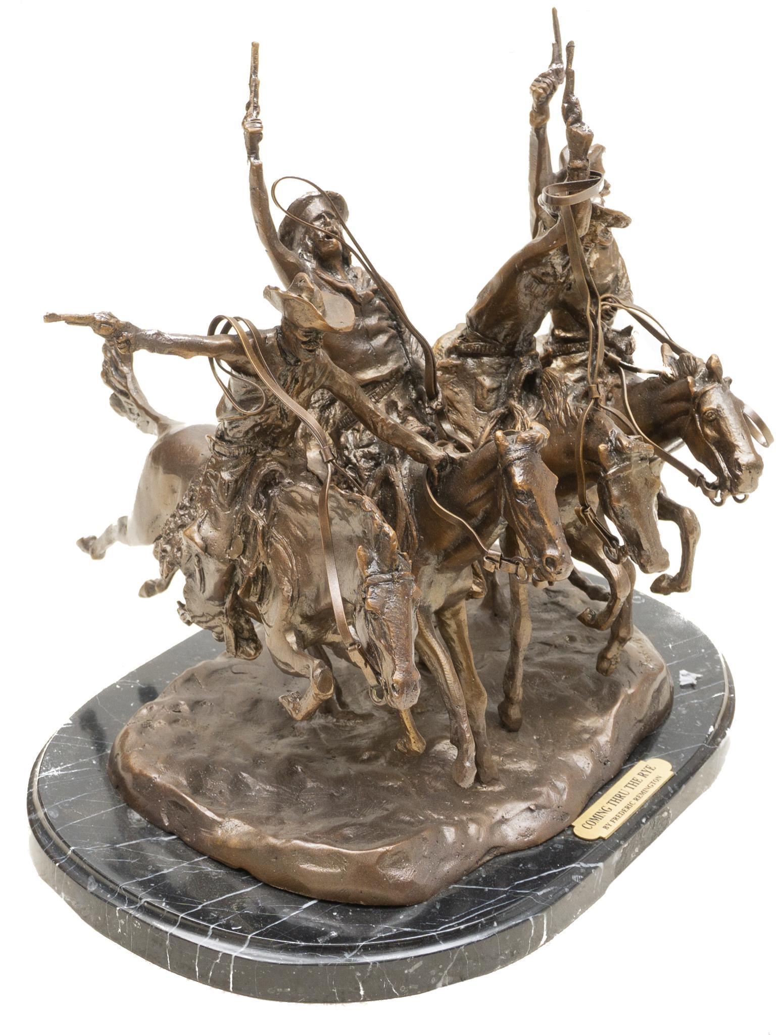 Frederic Remington (1861-1909), "Coming Through the: Frederic Remington (1861-1909), "Coming Through the Rye", bronze reproduction, black marble base 12"h x 13"w x 11"d In-house shipping and delivery is available on this item. Please email shipping@vogt