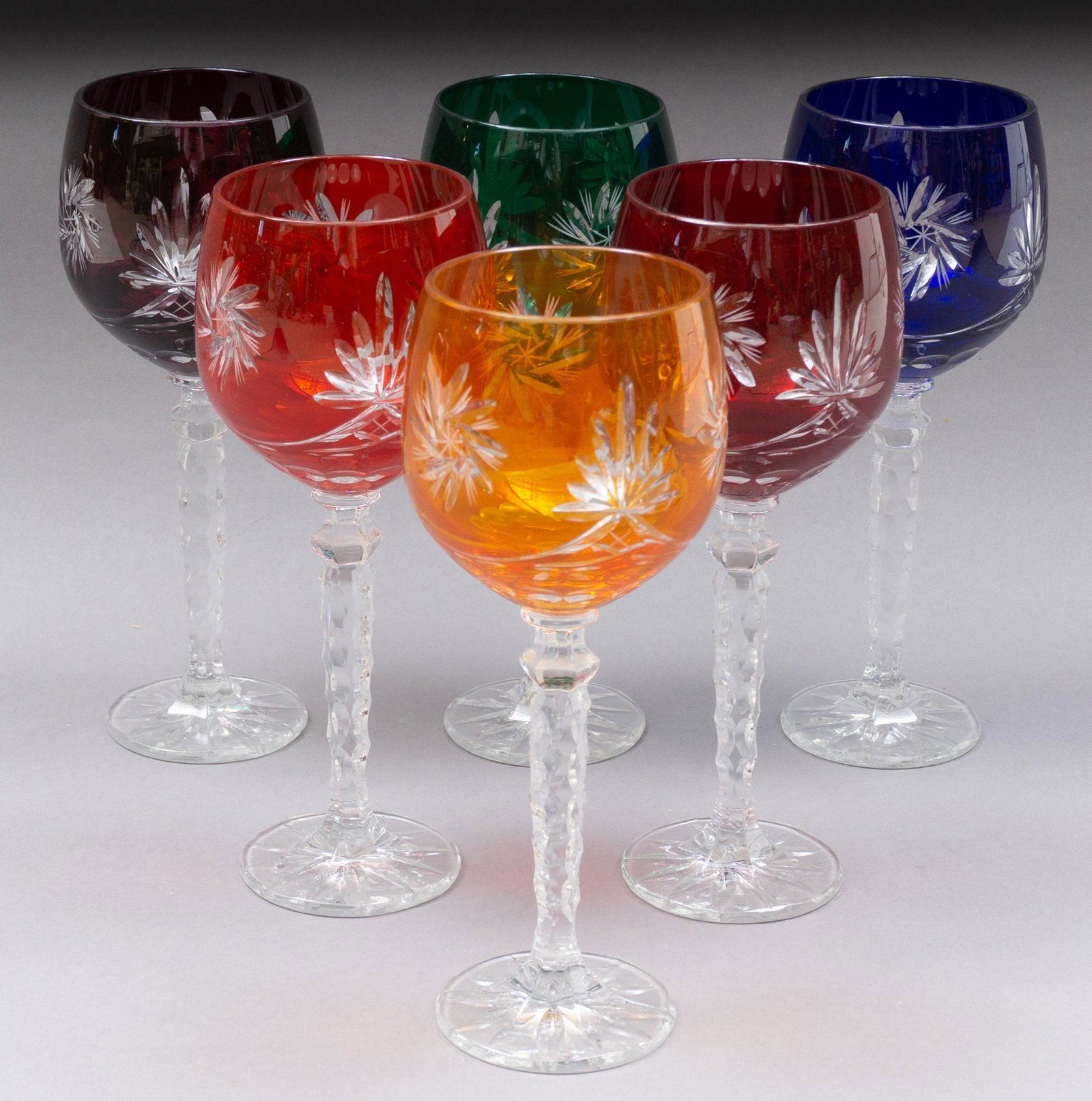 Set of 6 Vintage Cut to Clear Wine Glasses: Set of 6 colorful vintage cut to clear wine glasses with scrolling stems and storage box 8.5"h x 3.5"d/ each In-house shipping and delivery is available on this item. Please email shipping@vogtauction
