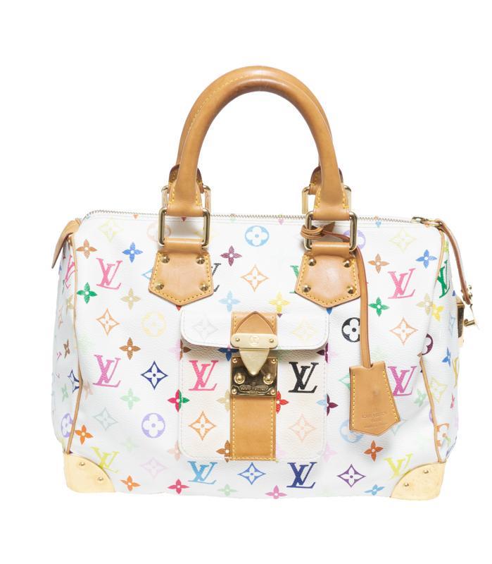 Louis Vuitton Speedy 30 Handbag: Louis Vuitton Speedy 30 handbag in white coated multicolor monogram canvas and vachetta handles with golden brass hardware, marked: SP0043, measures: 8.25 x 12.25 x 6.75", includes: keys in cloch