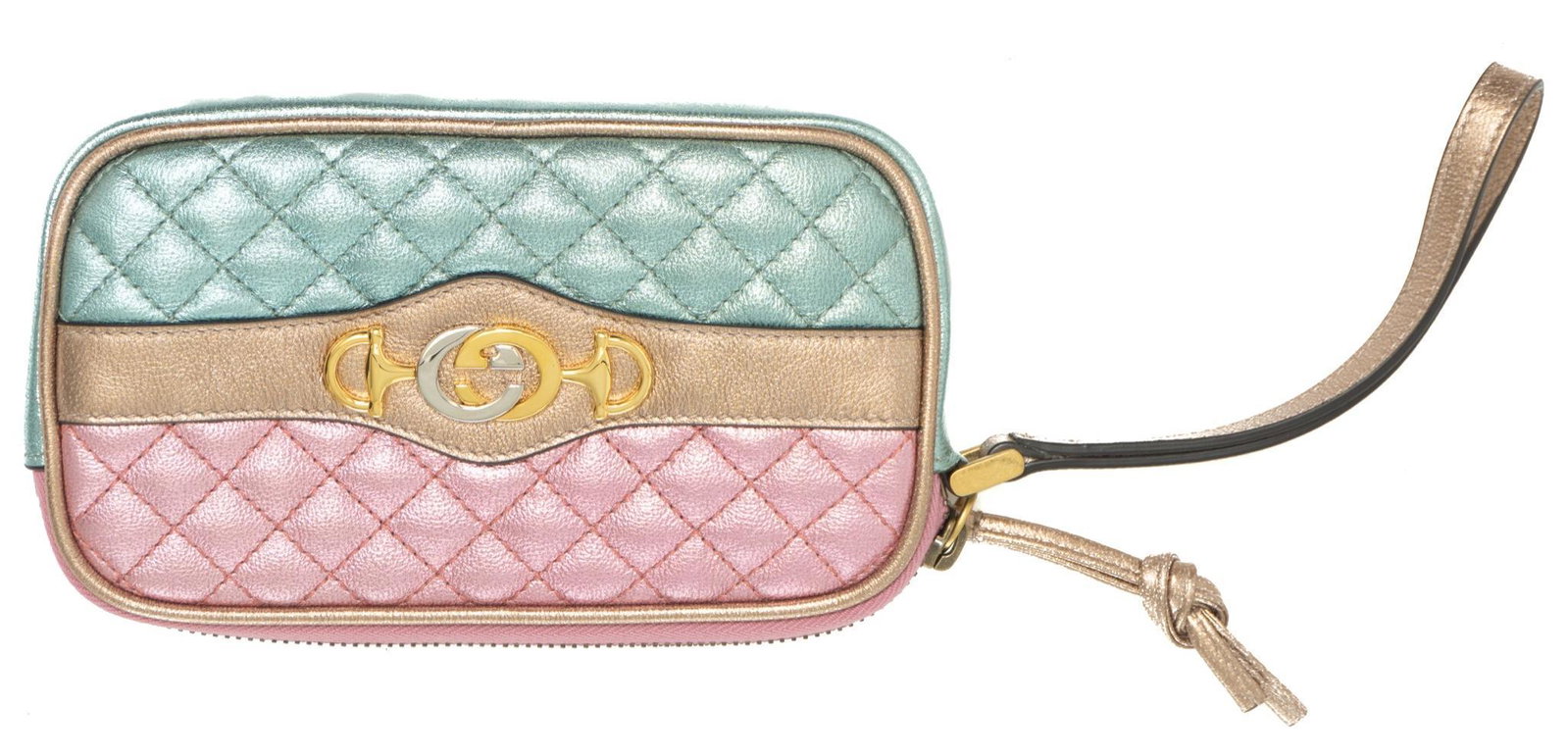 Gucci Laminated Wristlet Clutch Pouch: Gucci laminated wristlet clutch pouch in metallic pink/green/gold laminated calf leather & gold leather handles with gold/silver tone hardware, marked: 542202/496085, measures: 4 x 6.25 x 0.75"