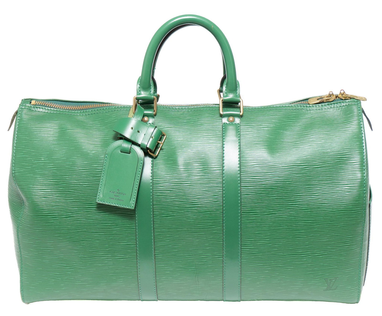 Louis Vuitton Keepall 45 Travel Bag: Louis Vuitton Keepall 45 travel bag in green epi calf leather with golden brass hardware, marked: VI0934, measures: 11 x 19 x 7.75", includes: luggage tag and handle strap