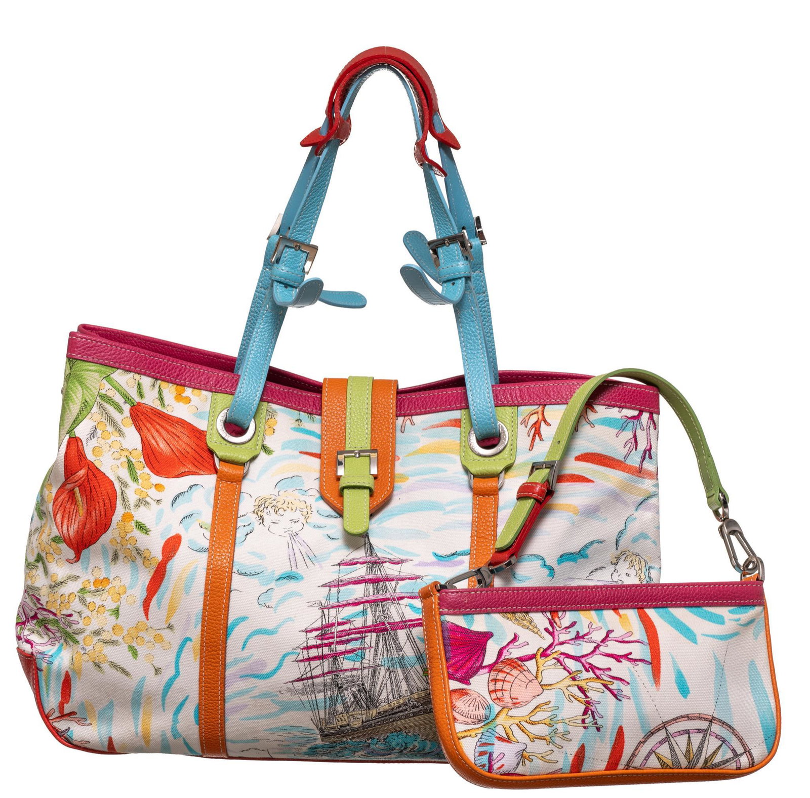 Longchamp Nautical Embroidered Shoulder Bag & Clutch: Longchamp Nautical Embroidered Shoulder Bag & Clutch in nautical embroidered canvas and blue/orange/pink/green leather trim/straps with silver tone hardware, marked: 0593772/ELS (clutch), 593979/KA