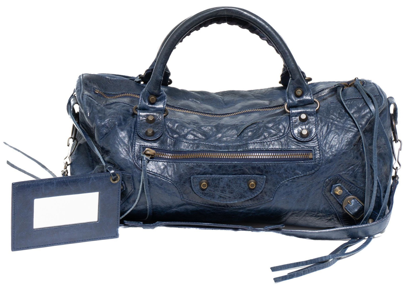 Balenciaga Twiggy Shoulder Bag: Balenciaga Twiggy Shoulder Bag in dark blue calf fine goatskin leather with golden brass hardware, marked: 128523-502752, measures: 7 x 14.25 x 4", includes: dustbag