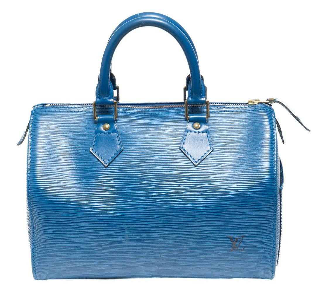 Louis Vuitton Speedy 25 Handbag: Louis Vuitton Speedy 25 Handbag in blue epi calf leather with golden brass hardware, marked: VI0944, measures: 7.5 x 10.5 x 6"