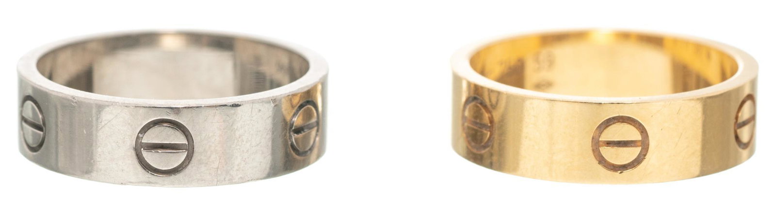 Cartier 18k White & Yellow Gold Love Rings: Weight: 18 grams, size: 9 (yellow) & 9.25 (white) Provenance: Property seized by court order from oil & gas entrepreneurs Brian & Kristi Alfaro (San Antonio, Texas)