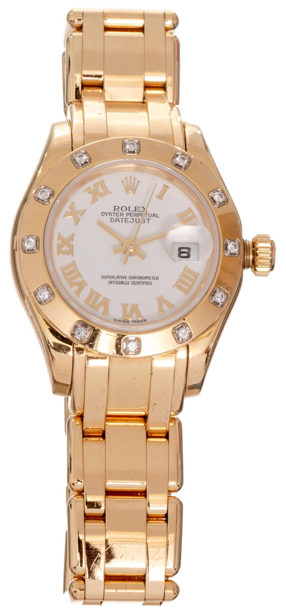 Rolex Pearlmaster Diamond 18k Gold 29mm Ladies Watch: 12 diamonds, oyster perpetual datejust model 80318, SN: P906592, weight: 105.3 grams Provenance: Property seized by court order from oil & gas entrepreneurs Brian & Kristi Alfaro (San Antonio, Texas)