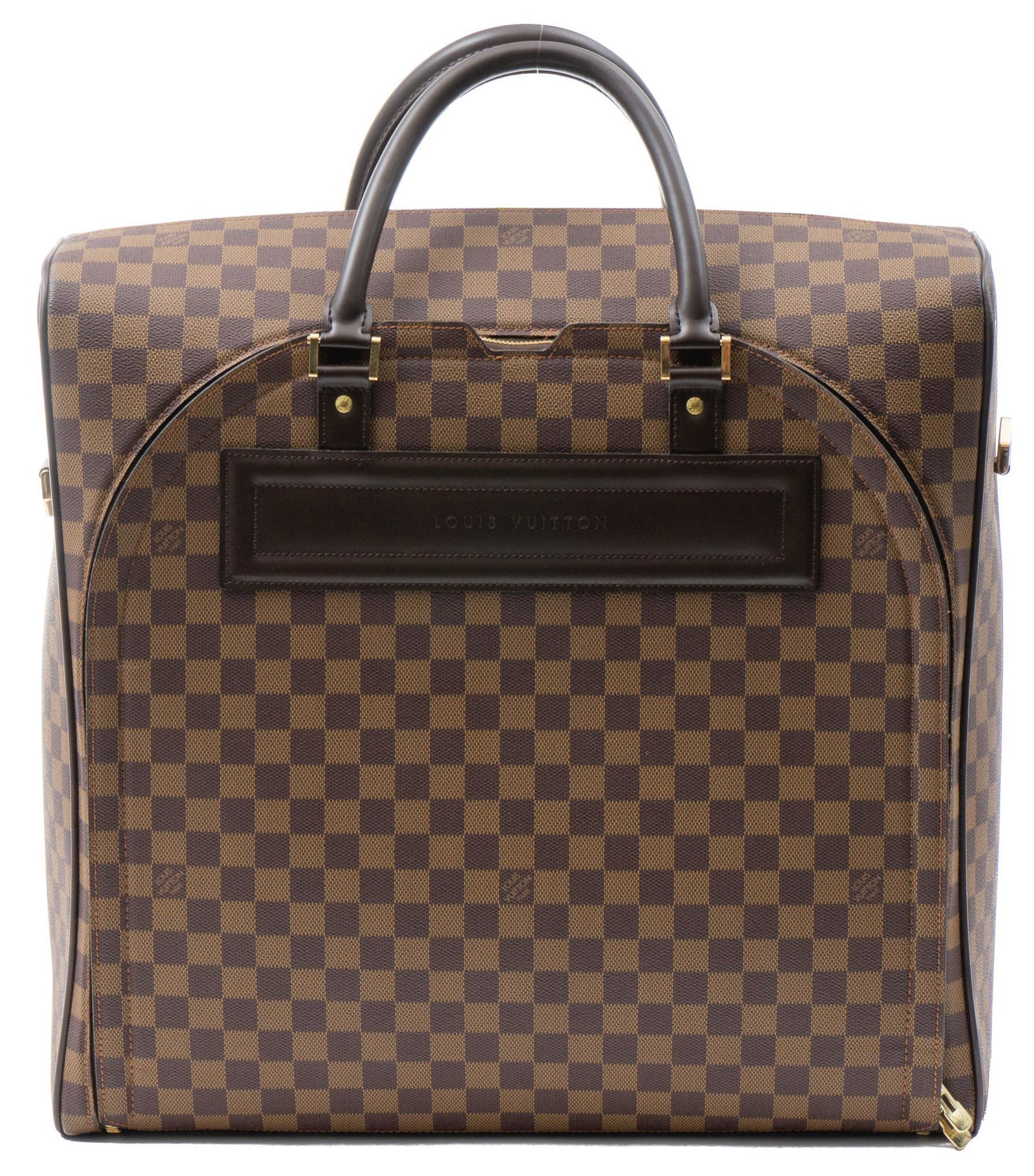 Louis Vuitton Nolita Travel Bag PM: Louis Vuitton Nolita Travel Bag PM in brown coated Damier Ebene canvas & dark brown calf leather handles with gold tone hardware, marked: N/A, measures: 17.25 x 18 x 7", includes: lock & 2 keys, m
