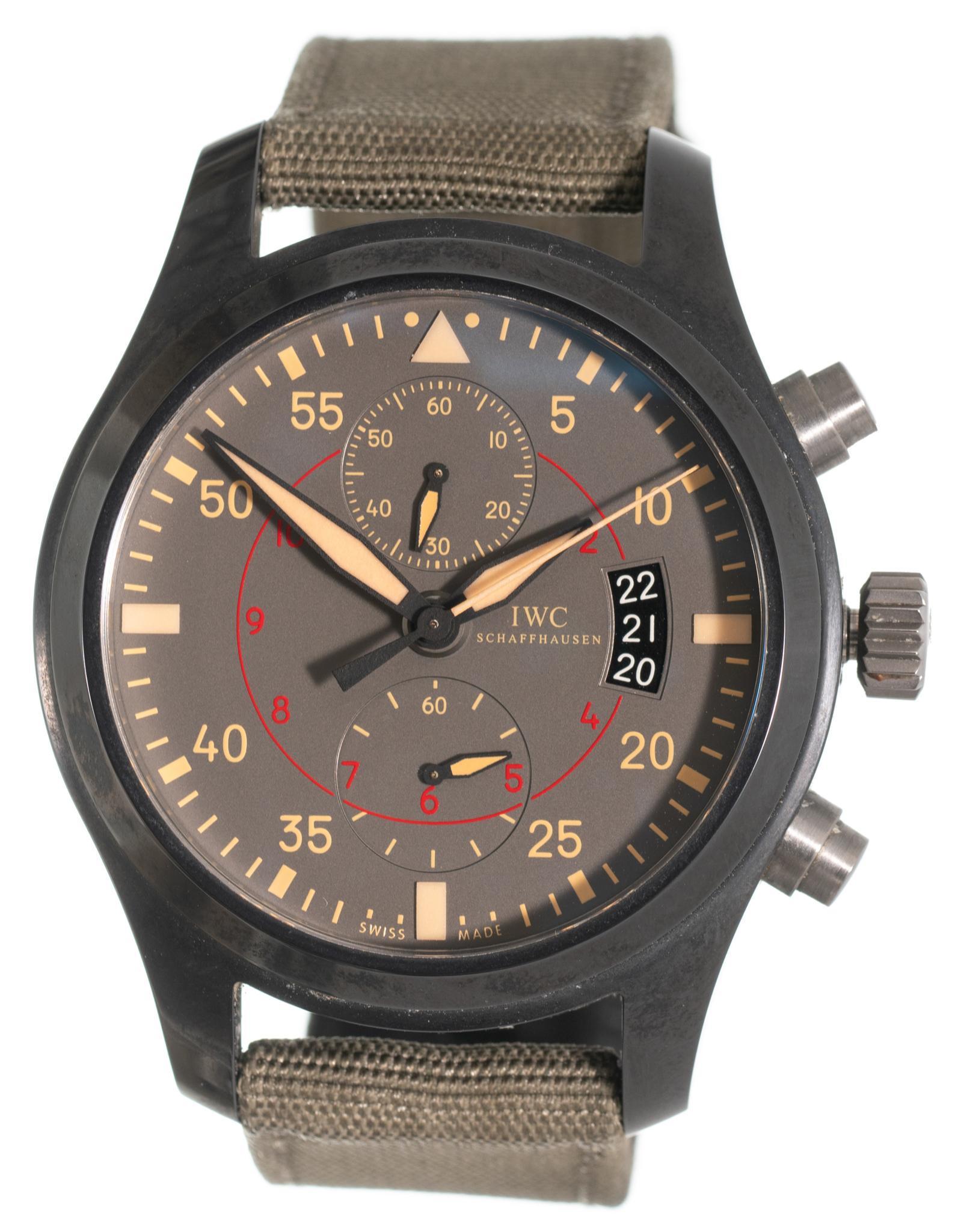 IWC Schaffhausen Top Gun Marimar Chronograph Watch: Includes: Original box and papers Condition: minor scratches, fabric band fraying at adjustments, working condition Provenance: Property from the living estate of businessperson and seventh-generation