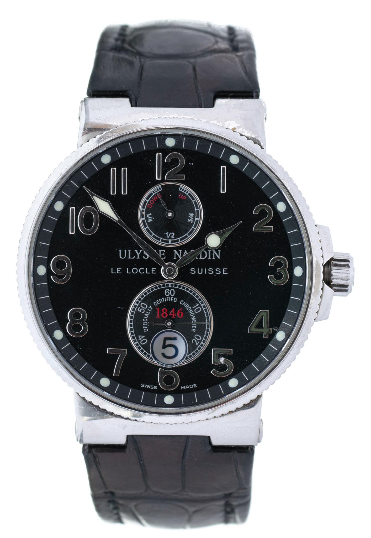 Ulysse Nardin Marine Chronometer Blue 41mm Watch: Leather strap Includes: Box and papers Provenance: Property from the living estate of businessperson and seventh-generation Texan GeorgiAnne Brochstein, on behalf of her late husband, passionate watch