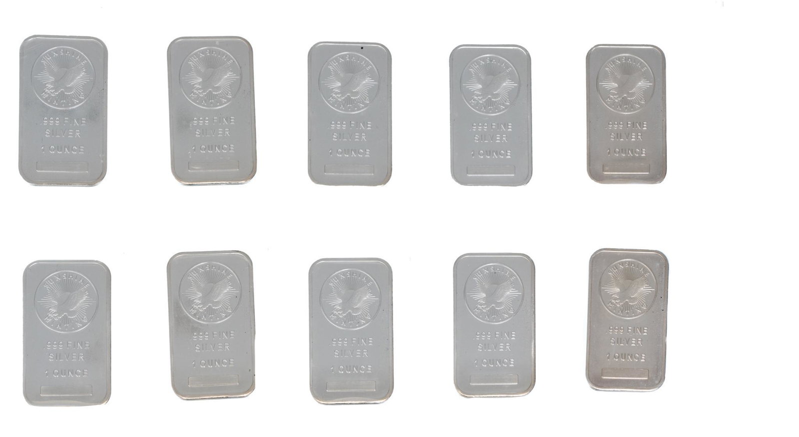 Lot of 10, 1oz .999 Fine Silver Bars, Sunshine Mint Co.: Provenance: Property seized by court order from oil & gas entrepreneurs Brian & Kristi Alfaro (San Antonio, Texas)
