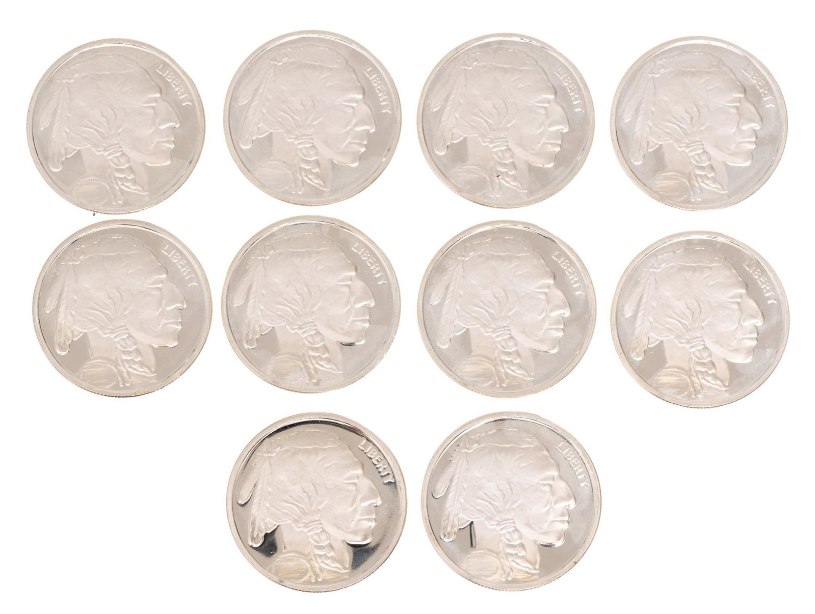 Lot of 10, 1oz. .999 Fine Silver 'Buffalo' Coins: Provenance: Property seized by court order from oil & gas entrepreneurs Brian & Kristi Alfaro (San Antonio, Texas)