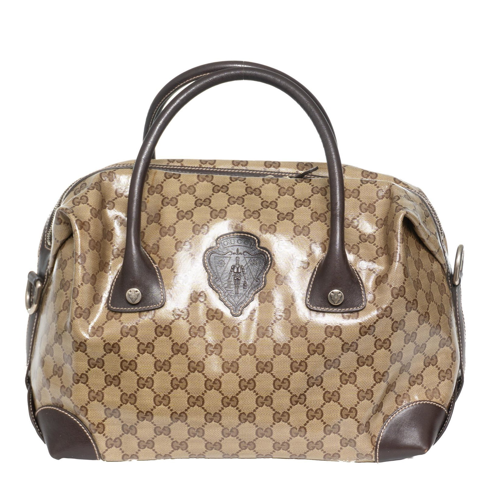 Gucci Crest Diamante Boston Shoulder Bag: Gucci Crest Diamante Boston Shoulder Bag in brown/beige crystal coated canvas & dark brown leather handles with gold tone hardware, marked: 181496/205027, measures: 9.75 x 13.