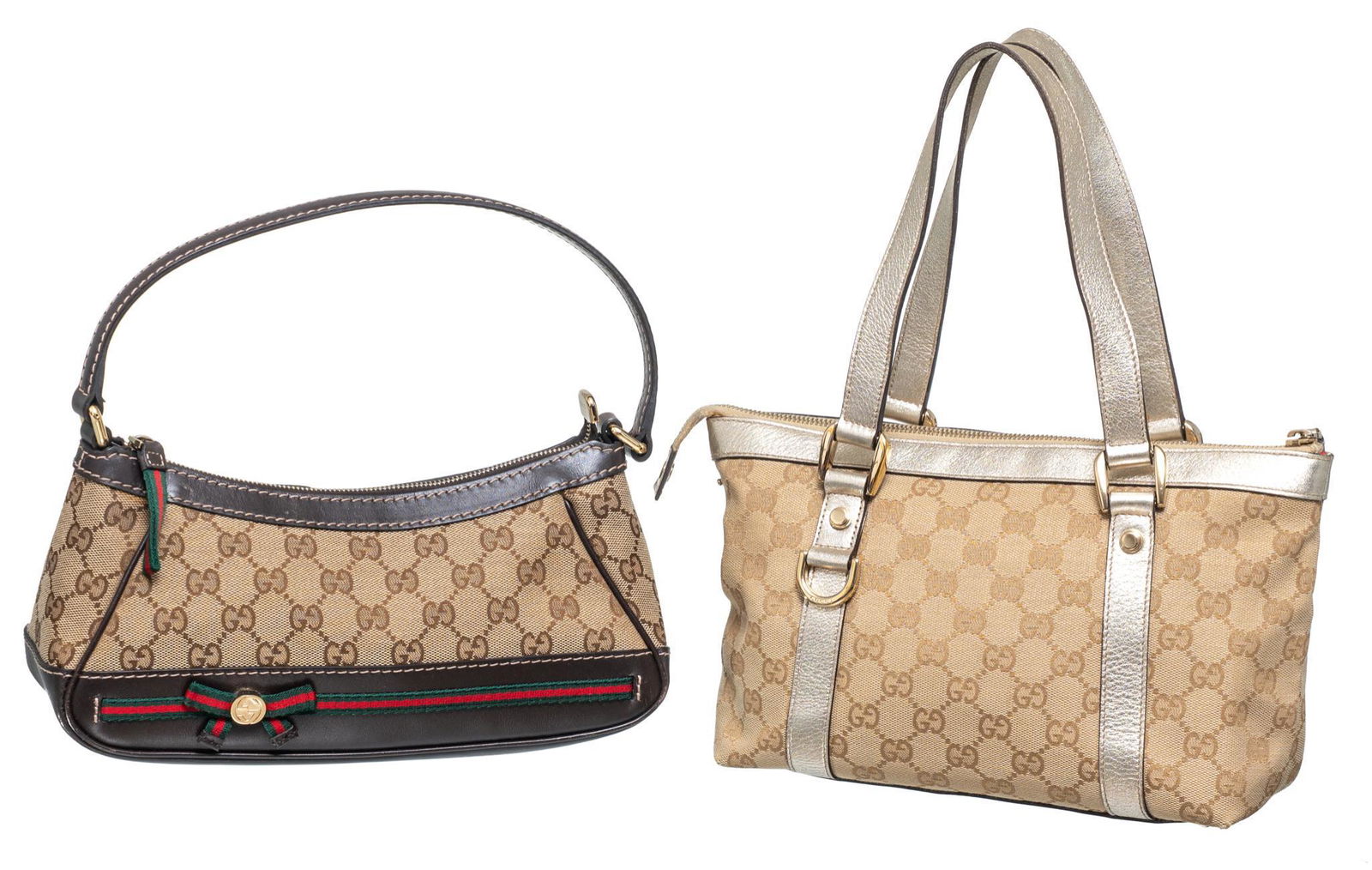 Pair of Small Gucci Purses: Gucci Supreme Shoulder Bag in beige/brown monongram canvas and brown leather trim/strap with golden brass hardware, marked: 269898/002058, measures: 5.5 x 11 x 3.25" Gucci Small Tote Bag in beige can