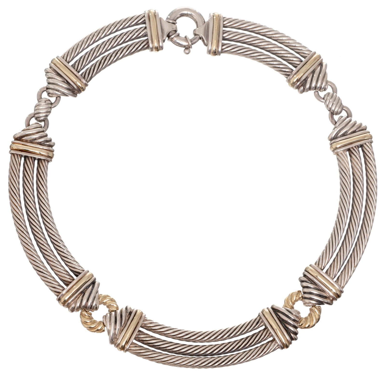 David Yurman Sterling 14k Gold Metro Cable Choker: Weight: 125 grams, measures: 5" inside diameter Provenance: Property from the prominent Estate of two late San Antonio, Texas oil & gas businesspersons