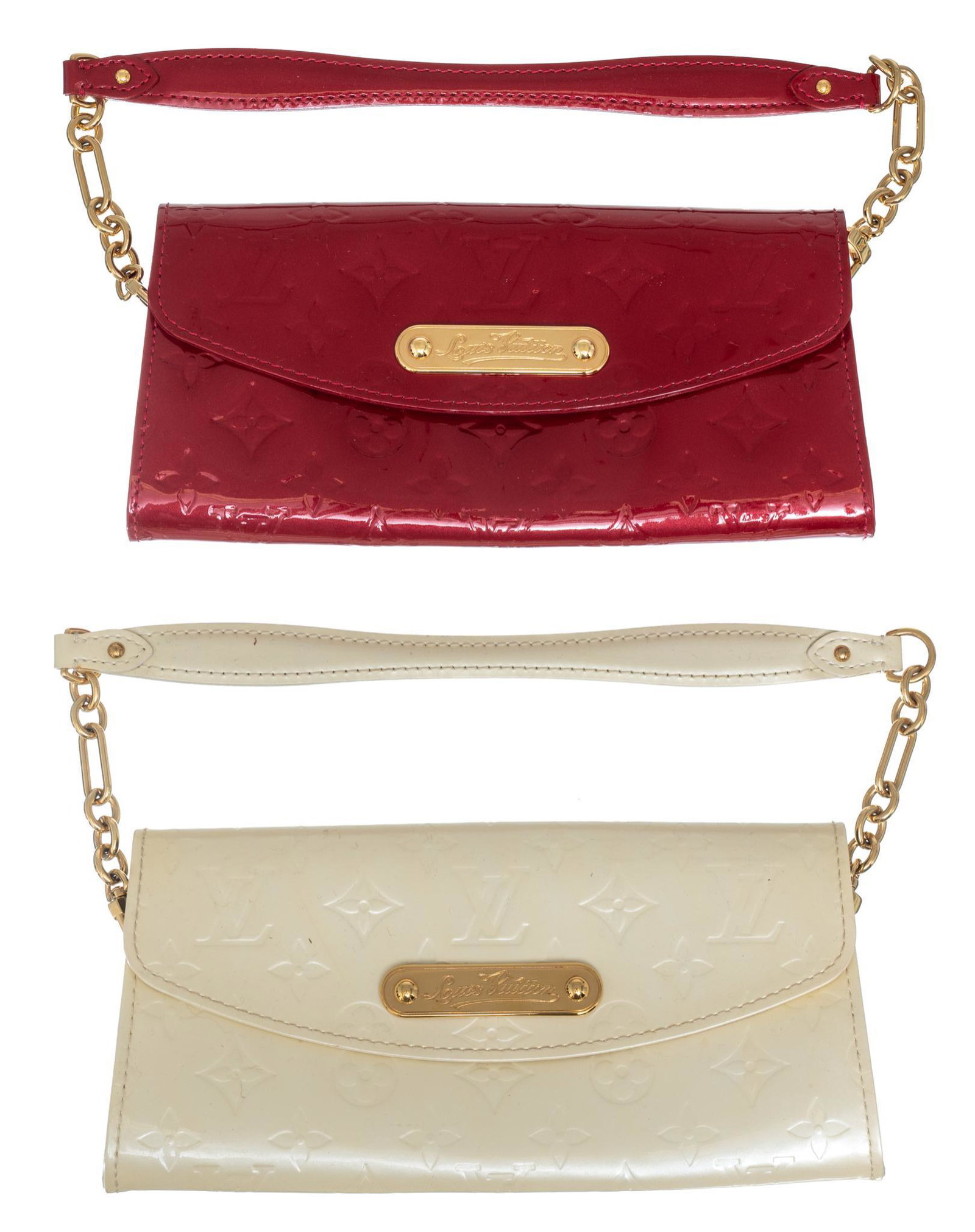 Pair of Louis Vuitton Vernis Sunset Boulevard Clutches: Louis Vuitton Vernis Sunset Boulevard Clutch in red monogram patent leather with golden brass hardware, marked: TH1058, measures: 4.5 x 9.5 x 1.25" Louis Vuitton Vernis Sunset Boulevard Clutch in cre