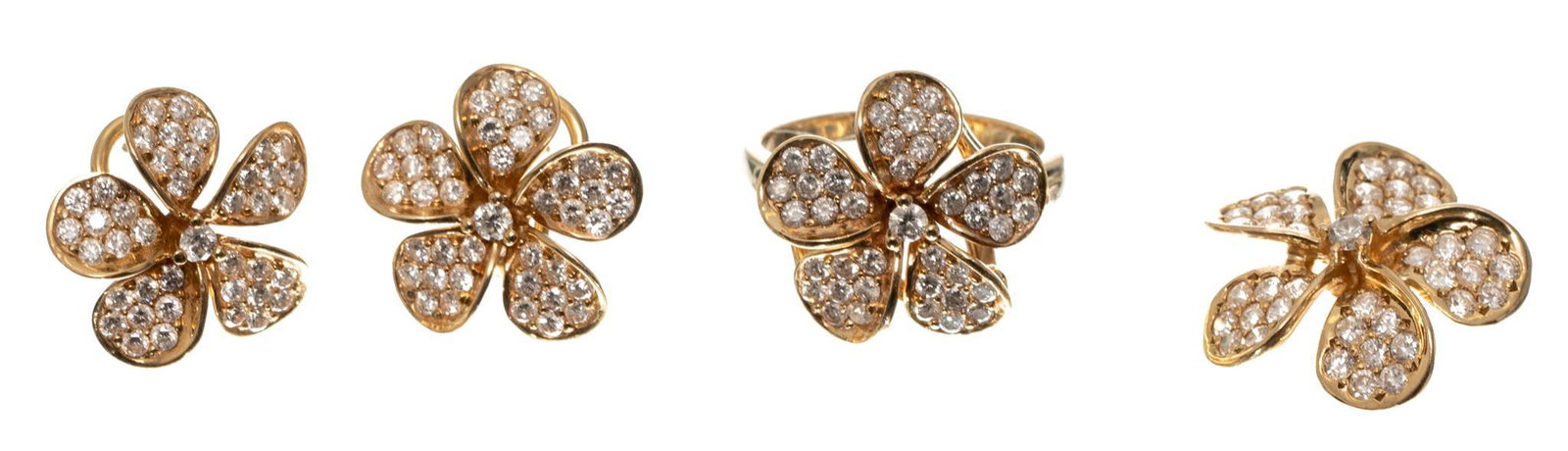 Pave Diamond Flower 14k Gold Earrings Pendant Ring Set: Approx. 123 Diamonds, weight: 16.6 grams gross Provenance: Property seized by court order from oil & gas entrepreneurs Brian & Kristi Alfaro (San Antonio, Texas)