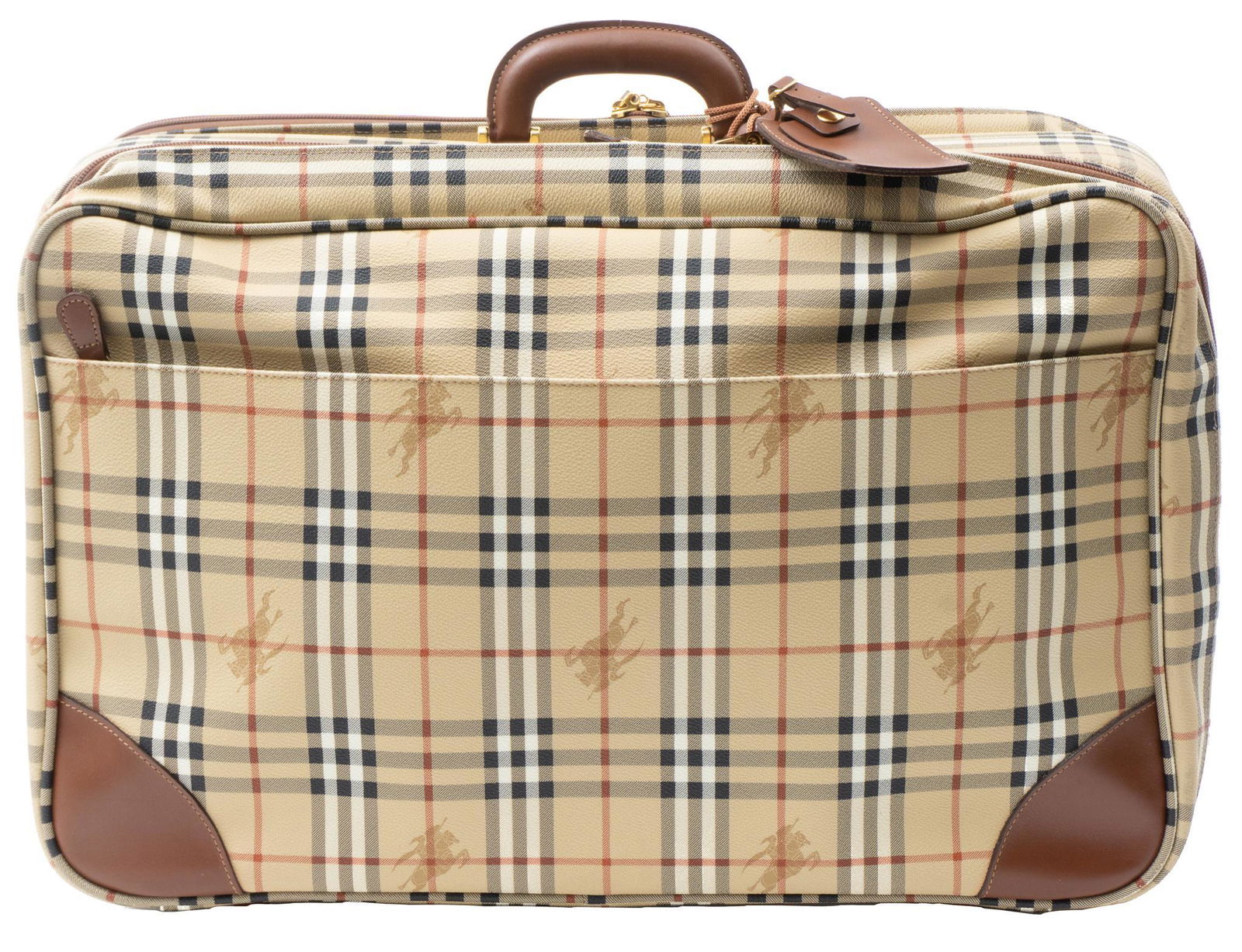 Burberry Vintage Luggage Travel Bag: Burberry Vintage Luggage Travel Bag in beige/black coated haymarket canvas & brown leather handles with gold tone hardware, marked: N/A, measures: 14.25 x 22.75 x 5.5", i