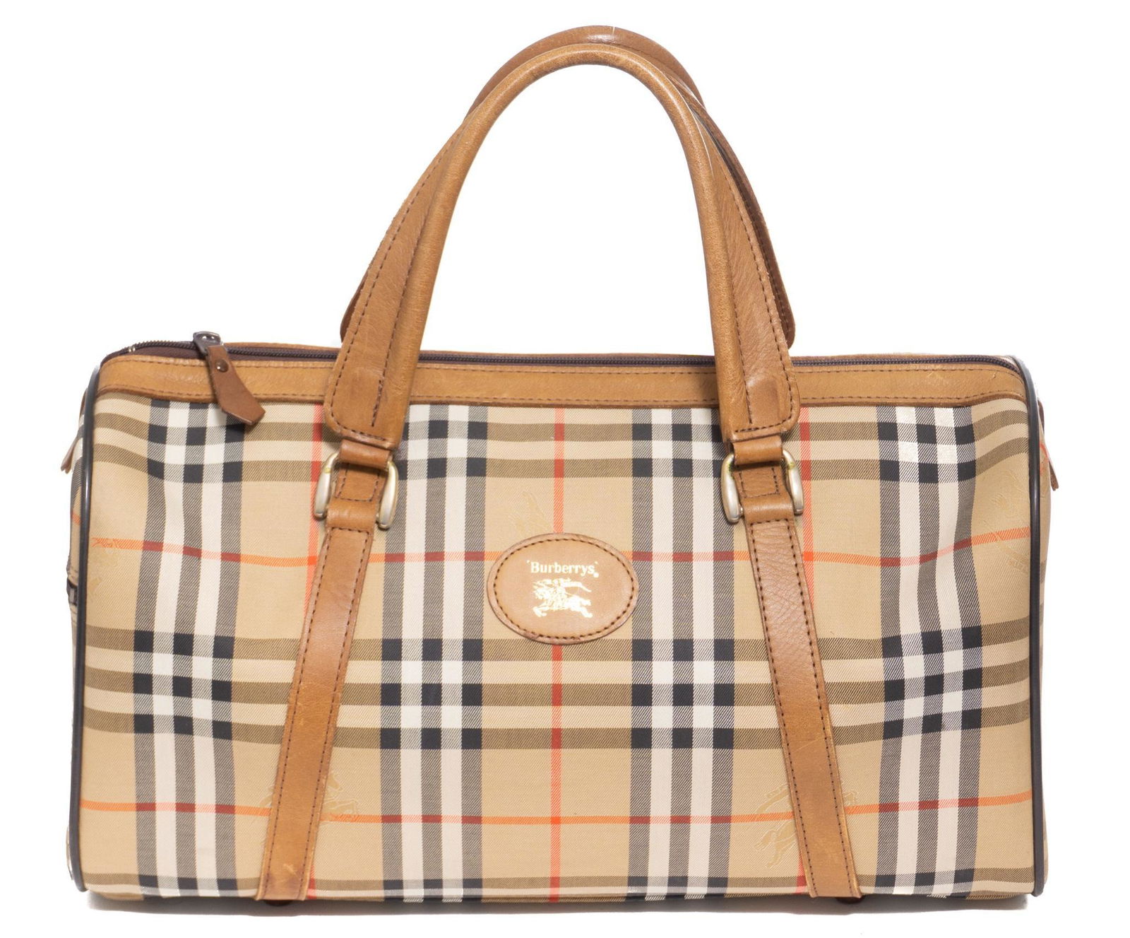 Burberry Vintage Boston Shoulder Bag: Burberry Vintage Boston Shoulder Bag in beige/brown haymarket check canvas & brown leather handles with gold tone hardware, marked: N/A, measures: 8.25 x 15.75 x 4.75"