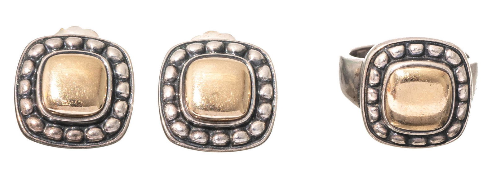 James Avery 14k Gold Sterling Beaded Earrings Ring Set: Antique beaded, size: 6, weight: 16.8 grams gross Provenance: Property seized by court order from oil & gas entrepreneurs Brian & Kristi Alfaro (San Antonio, Texas)