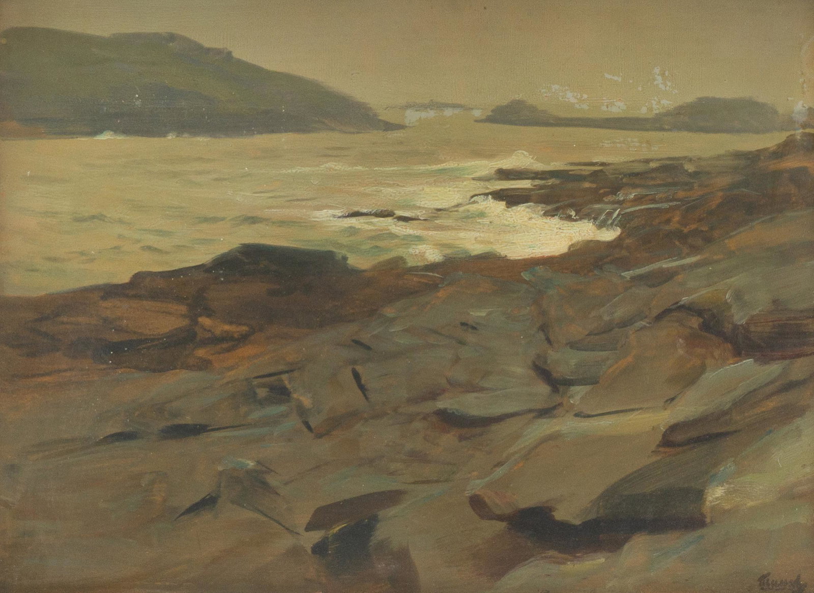 Frederick J. Waugh (1861-1940), Rocky Shore, Oil: Frederick Judd Waugh (1861-1940), Rocky Shore, oil on board, 12 x 16", frame: 17 x 21" Provenance: A Boerne, Texas collection A noted seascape painter especially of surf churning against white froth o