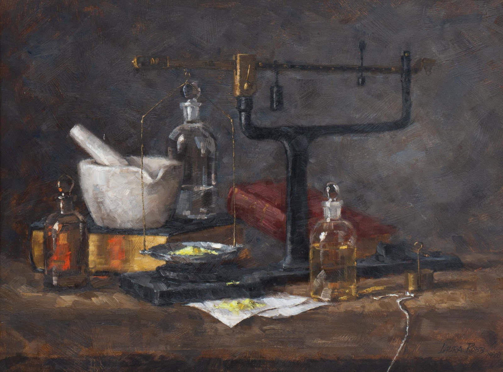 Laura Robb (b. 1955), "Apothecary", 1978, Oil On Panel,: Laura Robb (b. 1955), "Apothecary", 1978, oil on panel, 17.5 x 23.5", frame: 24 x 30" Provenance: A Fredericksburg, Texas collection The Tulsa, Oklahoma native, Laura Robb, entered art school at the a