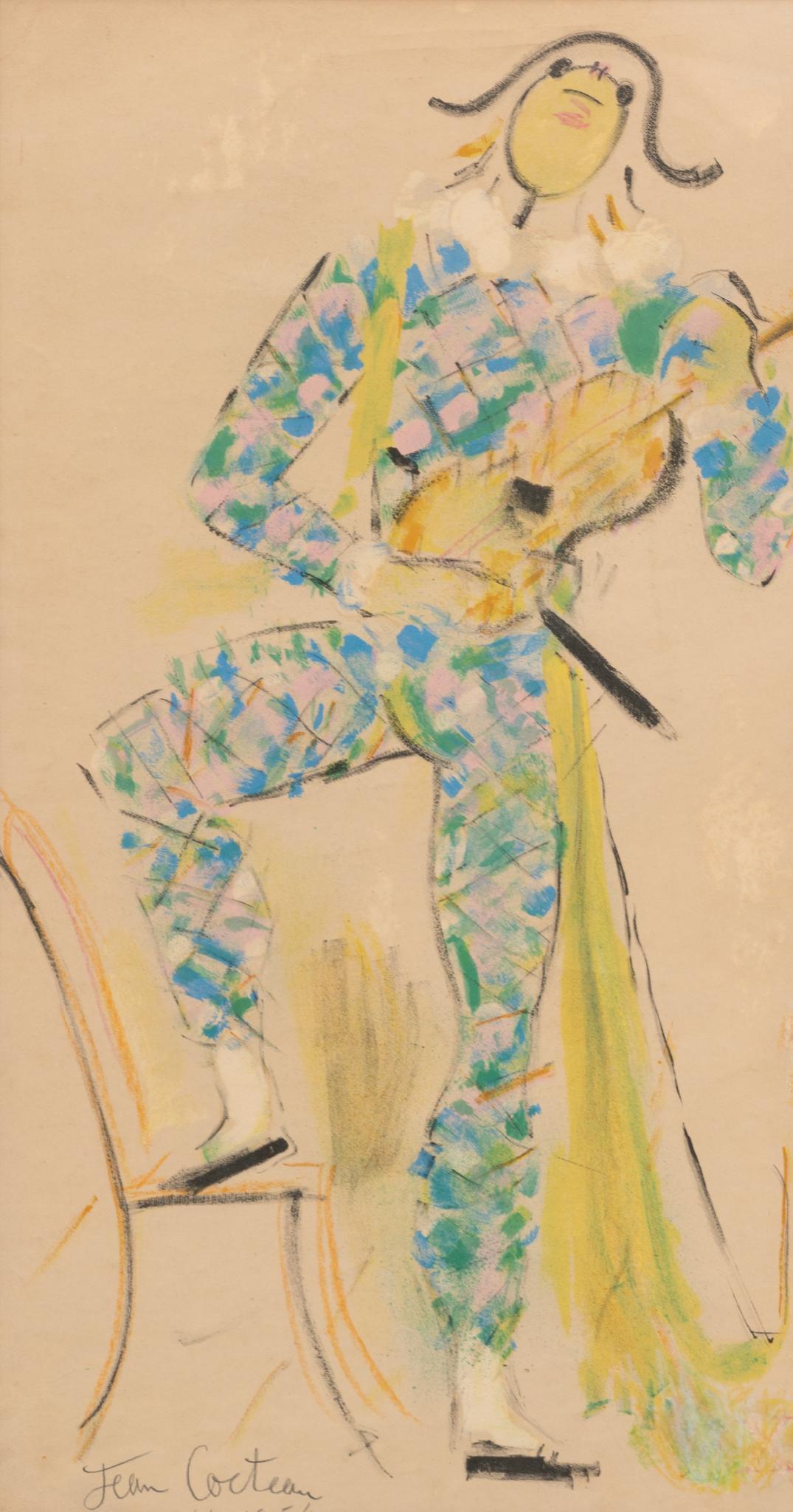 Jean Cocteau (1889-1963), Harlequin with Guitar, 1954: Jean Cocteau (1889-1963), Harlequin with Guitar, 1954, Poster with overpaint, sight: 22 x 11", frame: 30.25 x 20.25" Provenance: A San Antonio, Texas Estate Born to a wealthy family in a small village
