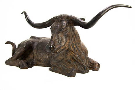 Cynthia Rigden (b. 1943), Longhorn, bronze: Cynthia Rigden (b. 1943), Longhorn, bronze, edition 8/15, 12.5 x 35 x 18 in. Biography from Trailside Galleries: Cynthia Rigden grew up surrounded by horses and cattle on an 8,000-acre ranch