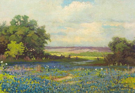 Robert Wood (1889-1979), Bluebonnet Landscape: Robert Wood (1889-1979), Bluebonnet Landscape, oil on board, 11.5 x 16 in. board size Robert W. Wood (1889-1979) was a well-known American landscape painter for several decades, and his work has