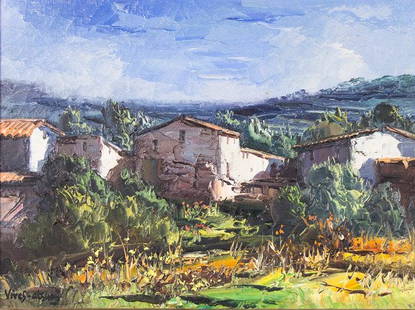 Jose Vives-Atsara (1919-2004), "Casas in la Montana": Jose Vives-Atsara (1919-2004), "Casas in la Montana- Catalonia, Spain", 1976, oil on canvas, 9 x 12 in. canvas size Jose Vives-Atsara was born April 13, 1919 in Vilafranca del Penedes near