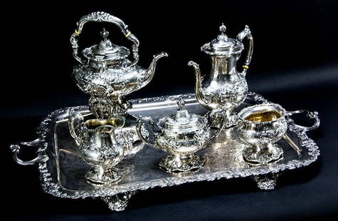 Reed & Barton Sterling Silver Francis I tea set 5 pc.: Reed & Barton Sterling Silver Francis I tea set, 5 pieces including a coffee pot 8 in. tall, creamer 5 .25 in. tall, sugar bowl with lid 6.5 in. tall, kettle stand and burner 8.75 in. tall, and