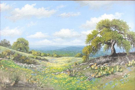 Robert Harrison, Landscape, 1976, oil on canvas: Robert Harrison, Wildflower Landscape, 1976, oil on canvas, 24 x 36 in. canvas size Robert Harrison was born in San Antonio, Texas, and grew up in the Wimberly area. He has lived in San Antonio