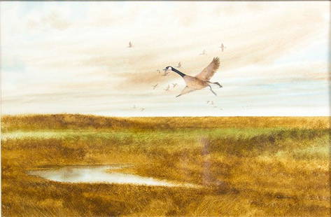 Raul Gutierrez (b. 1935), Birds in Flight, gouache: Raul Gutierrez (b. 1935), Birds in Flight, gouache on board, 23.5 x 35.5 in. sight The oil paintings of Texas artist Raul Gutierrez reflect the heritage of his state and include cowboys in