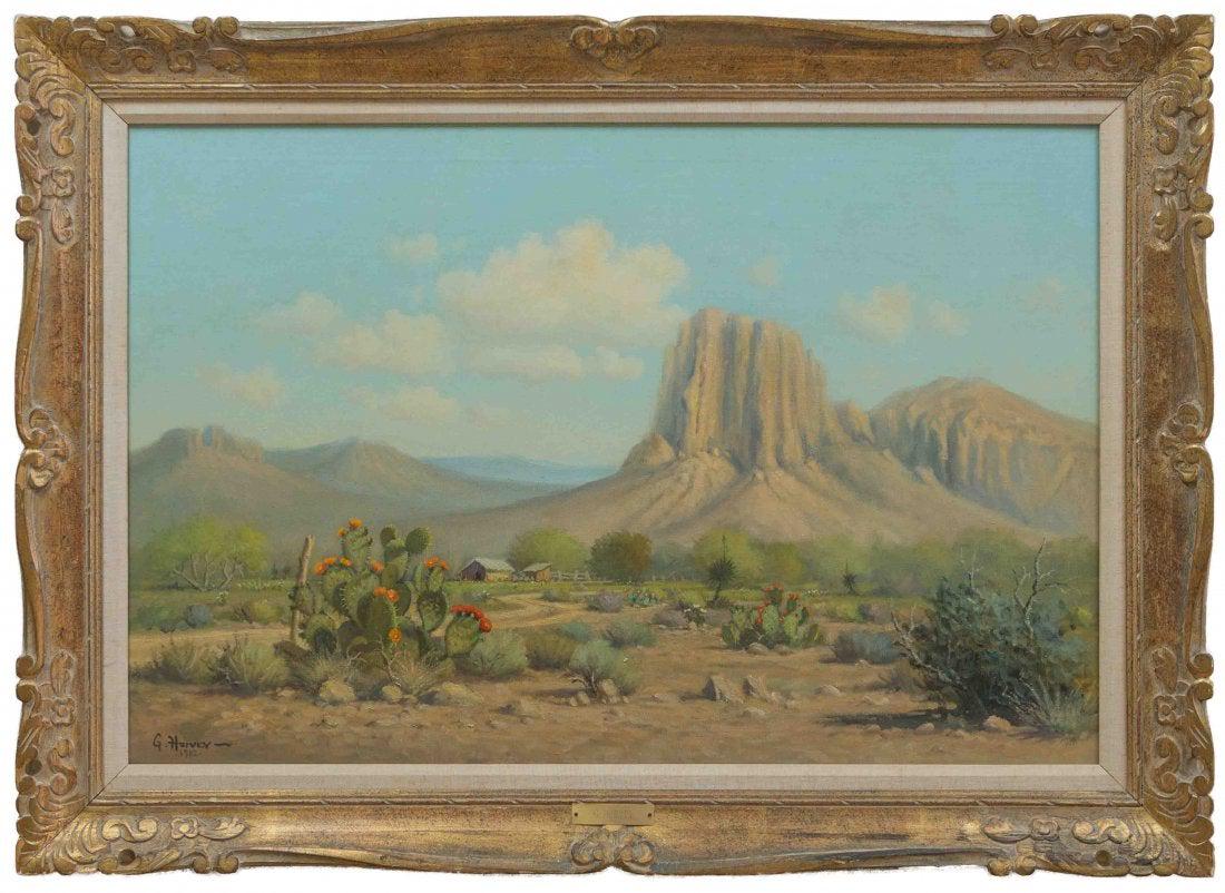 G. Harvey (1933-), West Texas landscape, 1962, oil: G. Harvey (1933-), West Texas landscape, 1962, oil on canvas, canvas: 24 x 36", frame: 31 x 43" Known for paintings closely linked in mood and subject matter to Edouard Cortes [1882-1962], G Harvey cr
