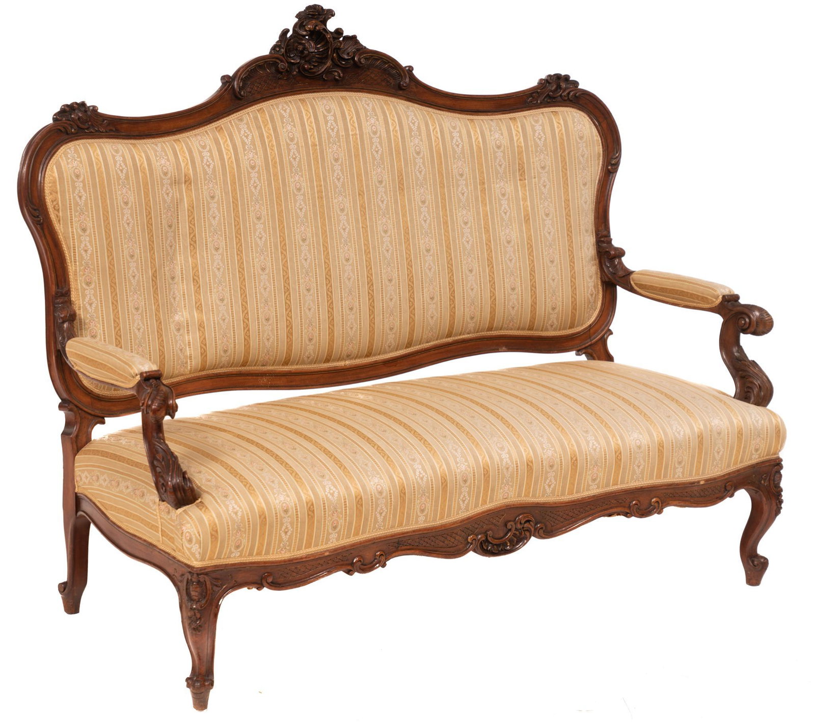 Louis XV Settee: Louis XV settee/sitting room sofa, carved mantle with floral accents, striped tan upholstery with scrolled arms, rising on cabriole legs 48"h x 63"w x 25"d State wide delivery is available for this it