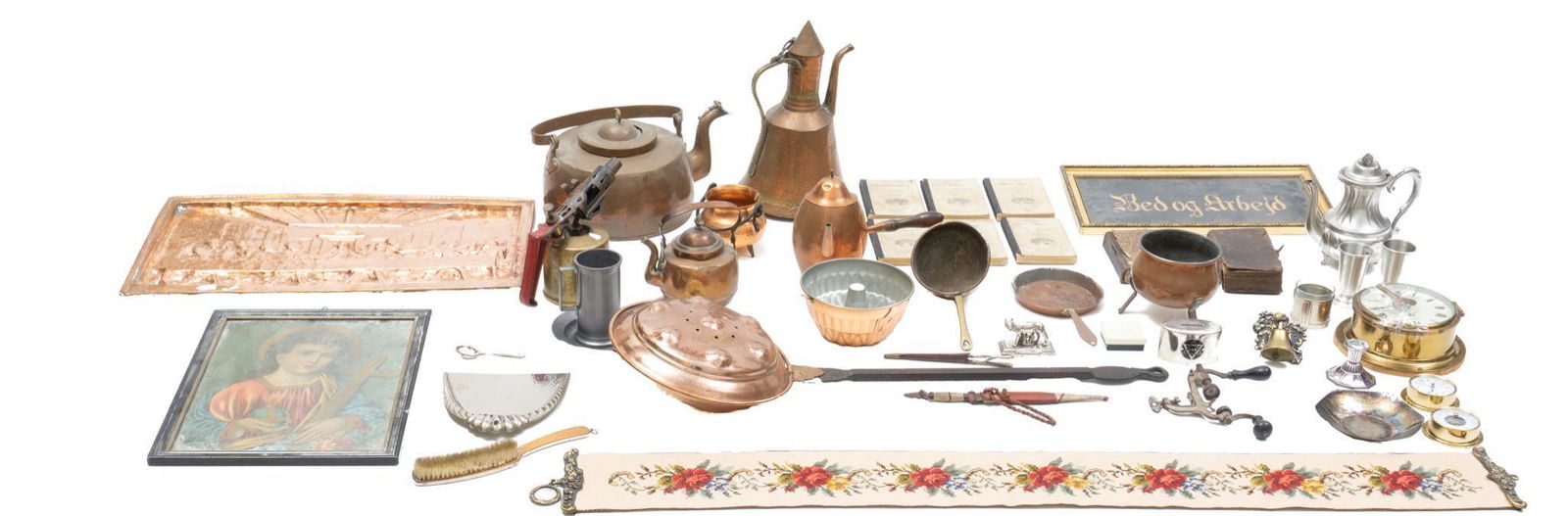 Lot of 39 Misc. Home Goods: Lot of thirty-nine misc. home goods, to include copper farmhouse pieces, books, decorative objects, etc 3"h x 12"w x 35"d/ largest State wide delivery is available for this item. Please email shipping