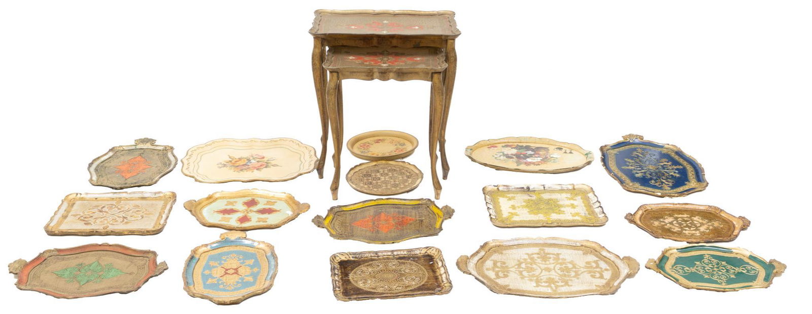 Lot of 16 Vintage Florentine Trays and Nest of 2 Tables (1 of 3)