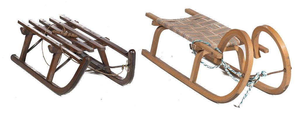 Pair of Rustic Sleds: Pair of rustic wooden sleds with metal hardware 15h x 44w x 12d/ largest State-wide delivery is available for this item. Please email shipping@vogtauction.com or call 210-822-6155 for a quote. IN-HOUS