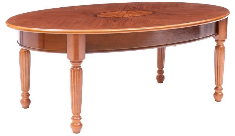 Inlaid Coffee Table: Inlaid coffee table with center embellishment, rising on turned legs 16"h x 43.5"w x 17"d State-wide delivery is available for this item. Please email shipping@vogtauction.com or call 210-822-6155 for