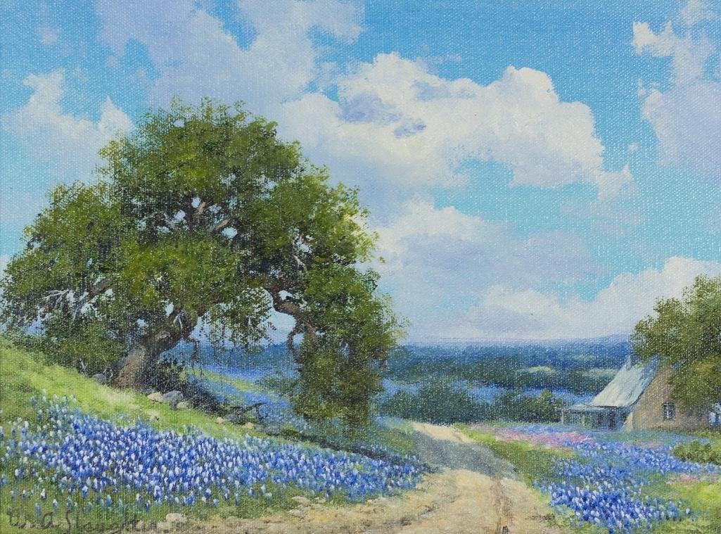 W.A. Slaughter (1923-2003), "Texas Homestead", oil: W.A. Slaughter (1923-2003), "Texas Homestead", oil on canvas, canvas size: 9 x 12 in., frame size: 16 x 19 in. William A. Slaughter was born in San Antonio, Texas in 1923 and died in Dallas, Texas Dec